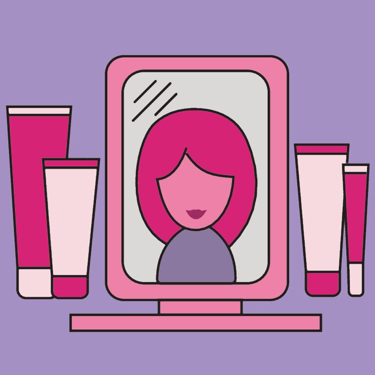 Beauty products and mirror with person illustration on purple background.