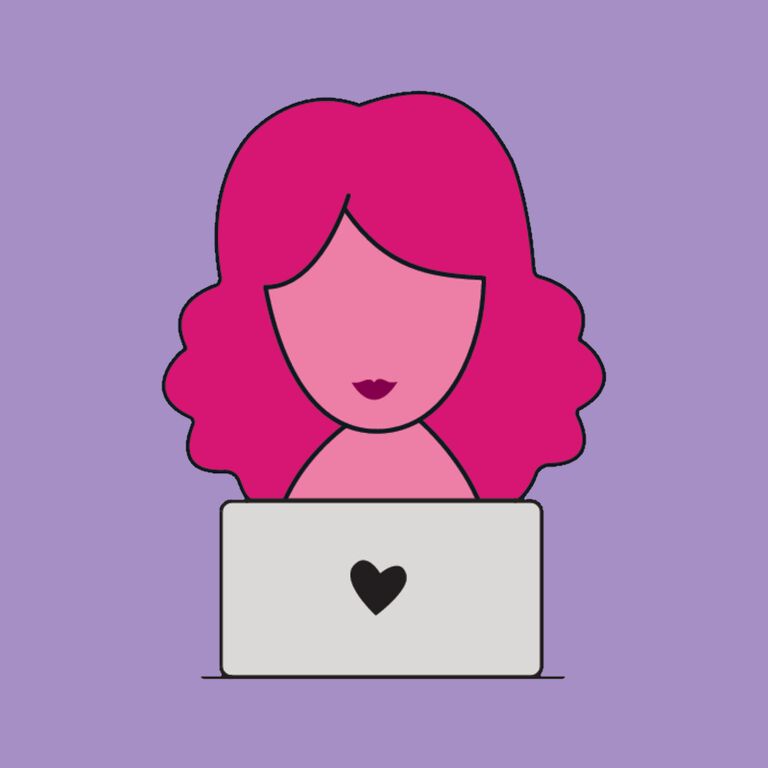 Illustration of person using laptop with heart icon on purple background.