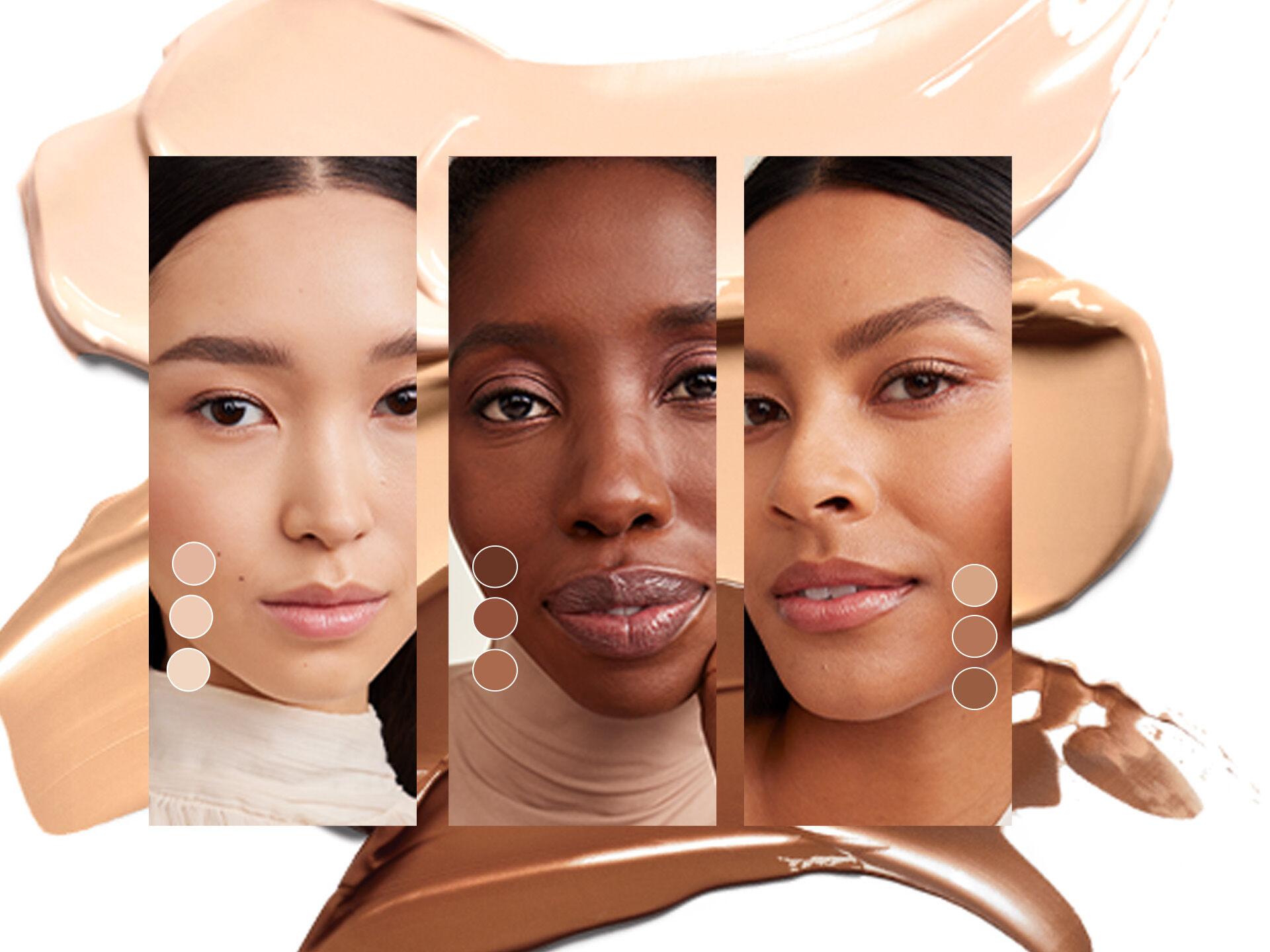 Tres mujeres diversas usando base de maquillajee Mary Kay, con tonos de color y muestras de producto en el fondo