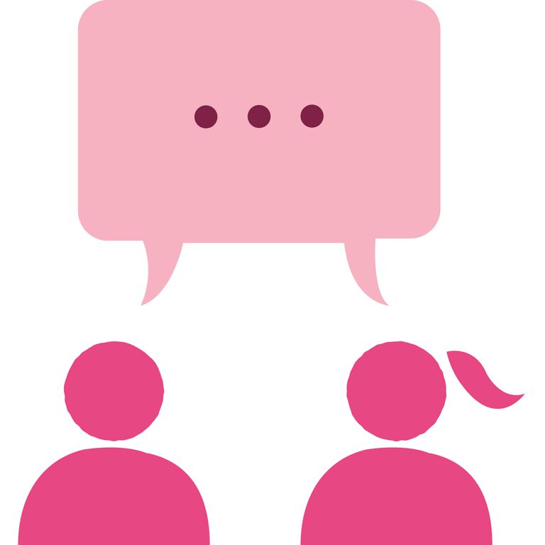 Ilustraci&oacute;n rosa de Mary Kay de dos personas conversando.
