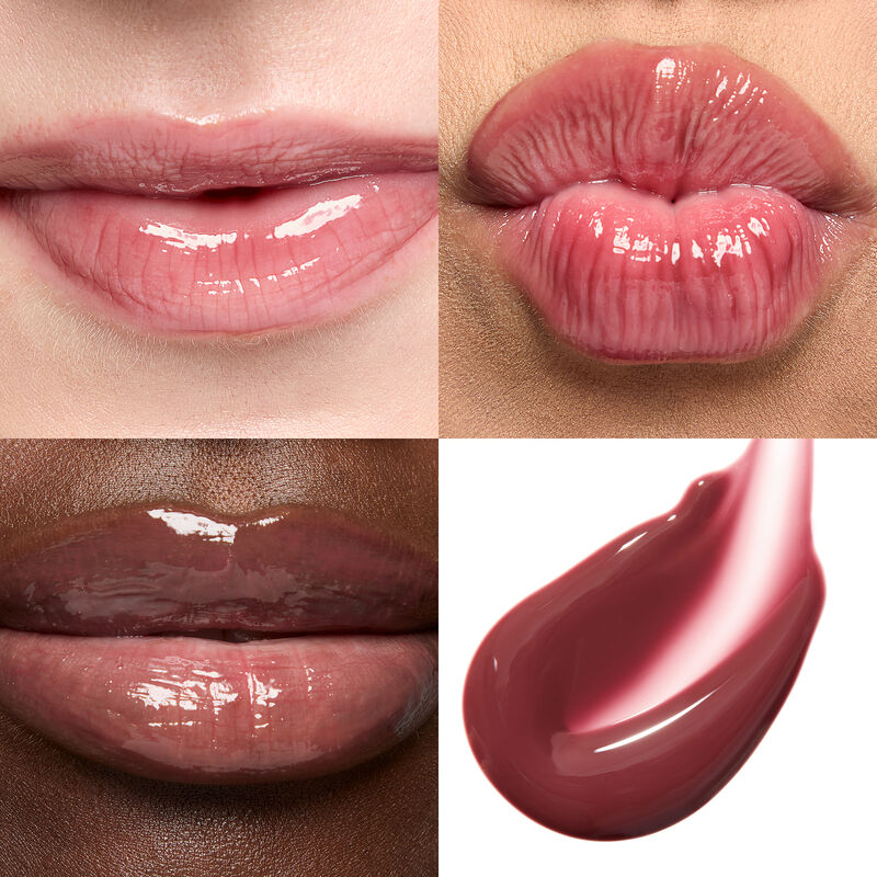 Collage of Mary Kay Tinted Lip Oil in Berry on lips featuring light medium and deep skin tones as well as blush swipe on white background