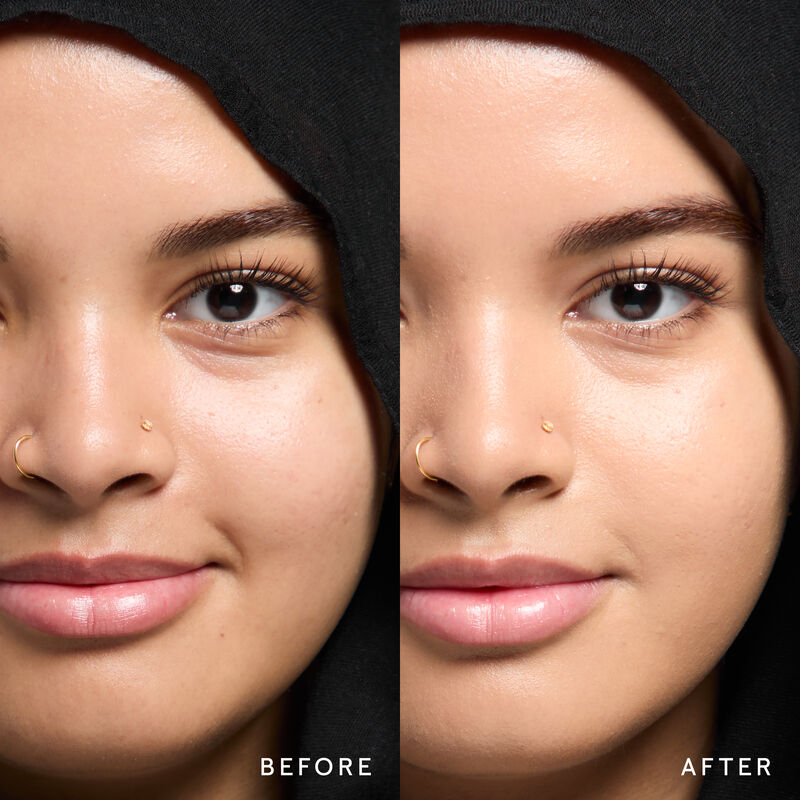 Model before and after showing TimeWise 3D Foundation Luminous finish payoff in shade Medium 10