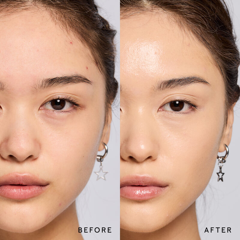 Model before and after showing TimeWise 3D Foundation Luminous finish payoff in shade Medium 1