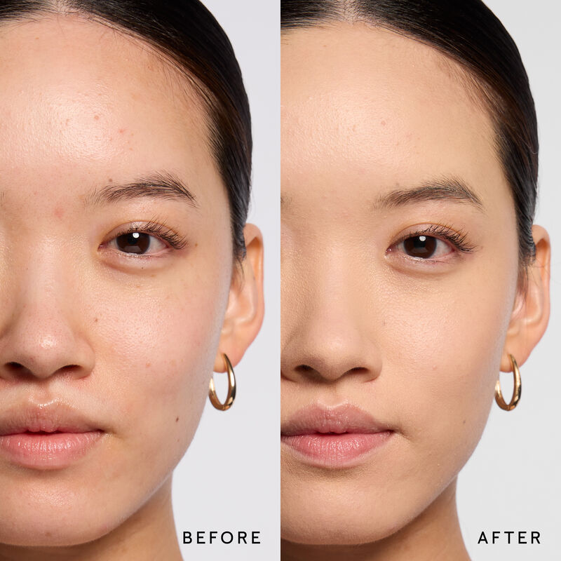 Model before and after showing TimeWise 3D Foundation Matte finish payoff in shade Light 3