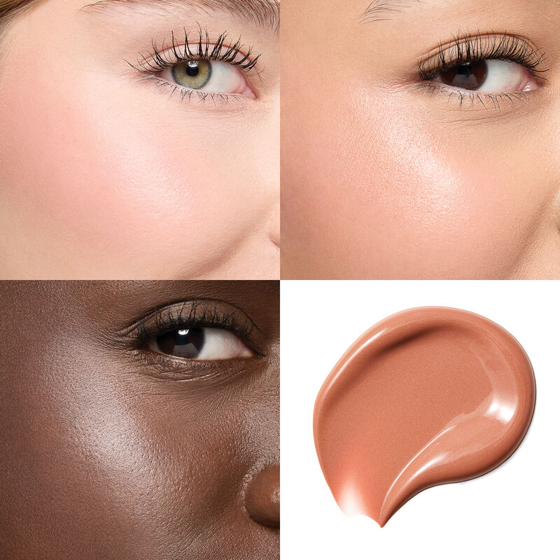 Collage of cheeks wearing limited-edition Mary Kay Gel Cream Blush in Soft Buff on light, medium and deep skin tones as well as swirling swipe of shad