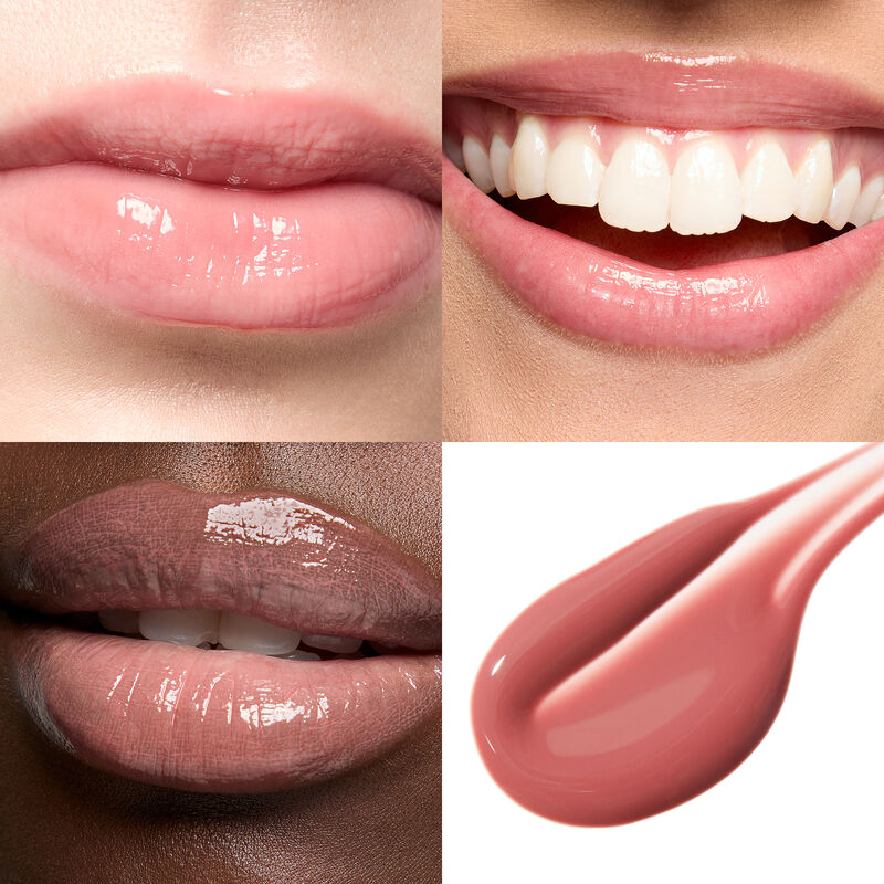 Collage of Mary Kay Tinted Lip Oil in Blush on lips featuring light medium and deep skin tones as well as blush swipe on white background