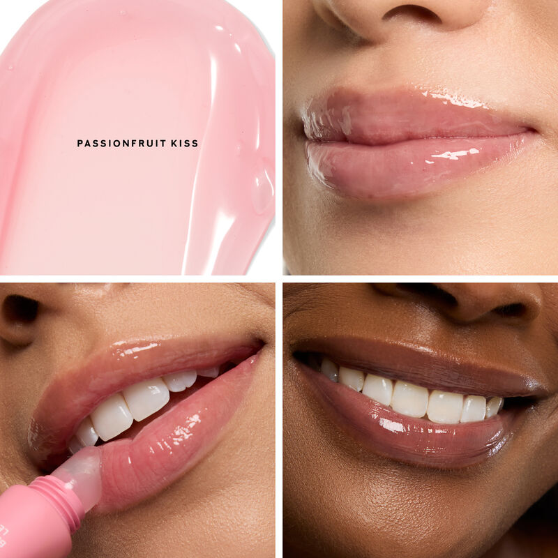 Tinted Lip Butter in Passionfruit Kiss modeled on light medium and deepskintoned lip
