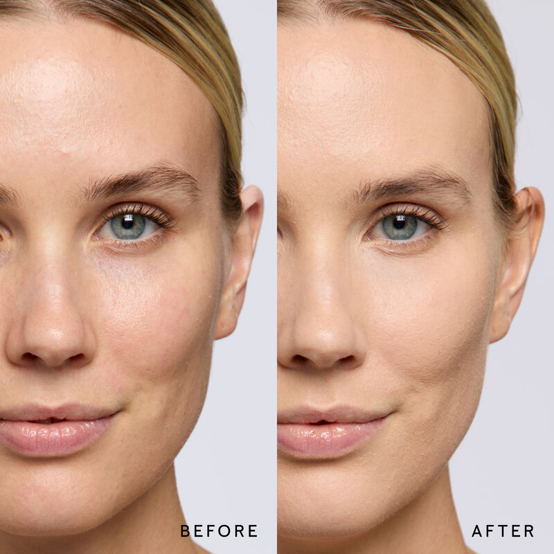 Model before and after showing TimeWise 3D Foundation Matte finish payoff in shade Medium 5