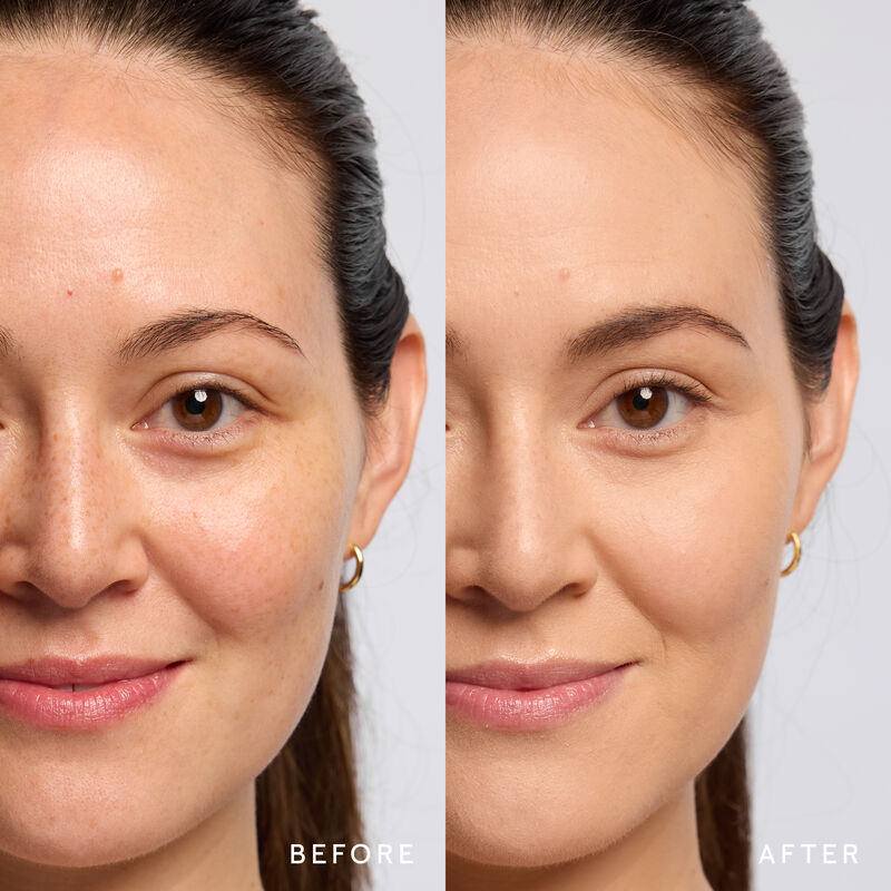 Model before and after showing TimeWise 3D Foundation Matte finish payoff in shade Medium 3