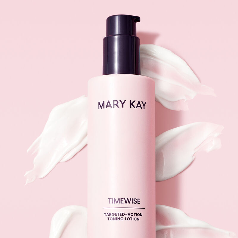 Bottle of TimeWise Targeted-Action Toning Lotion against product swipe and pink background
