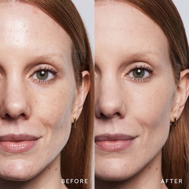 Model before and after showing TimeWise 3D Foundation Matte finish payoff in shade Light 7