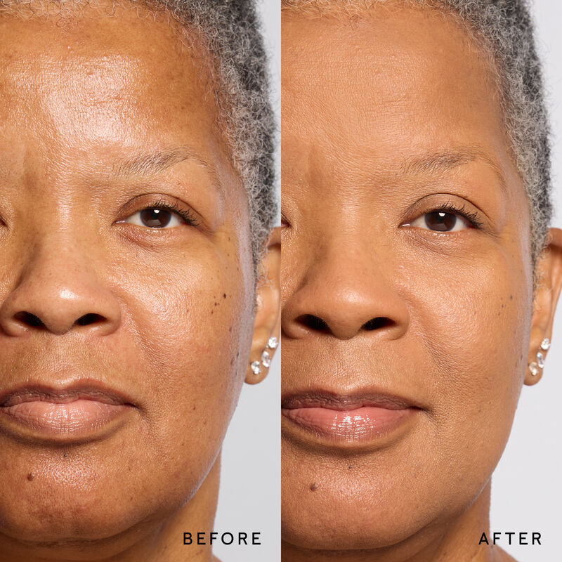 Model before and after showing TimeWise 3D Foundation Matte finish payoff in shade Deep 4