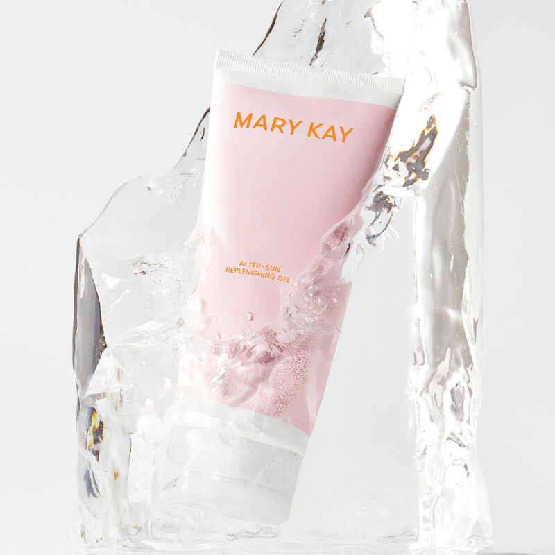 Bottle of Mary Kay&reg; After-Sun Replenishing Gel in half melted block of ice