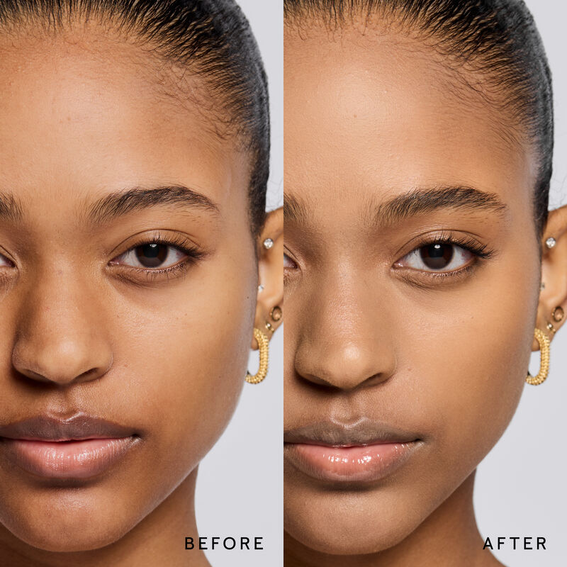Model before and after showing TimeWise 3D Foundation Matte finish payoff in shade Deep 2