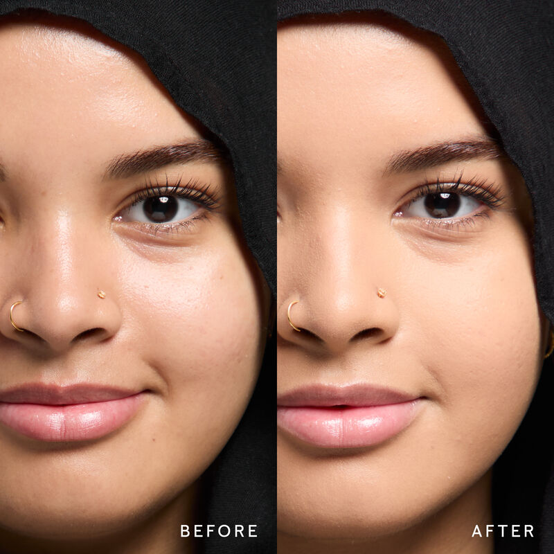 Model before and after showing TimeWise 3D Foundation Matte finish payoff in shade Medium 10