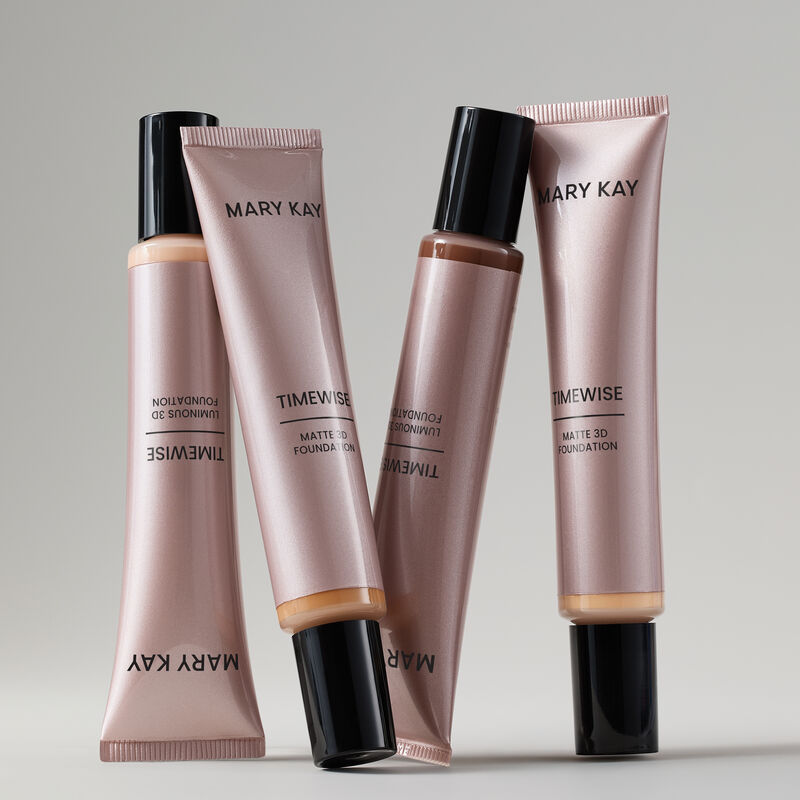 A hero shot of four shades of TimeWise 3D Foundation