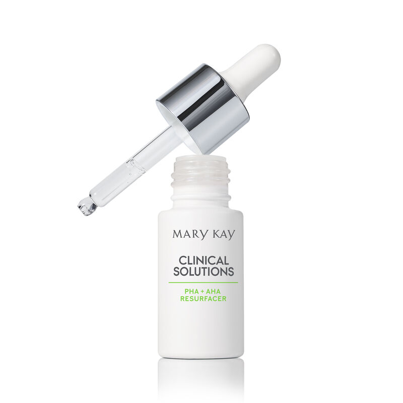 Open bottle of Mary Kay Clinical Solutions PHA + AHA Resurfacer with filled dropper