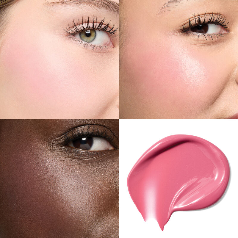 Collage of cheeks wearing limited-edition Mary Kay Gel Cream Blush in Passionfruit on light, medium and deep skin tones as well as swirling swipe of s