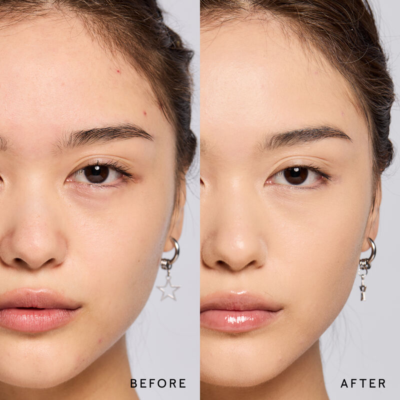 Model before and after showing TimeWise 3D Foundation Matte finish payoff in shade Medium 1