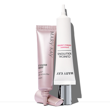Un tubo de la Crema Efecto Rellenador de Arrugas Volu‑Fill&reg; TimeWise&reg; Repair junto a un tubo de Crema Facial con Efecto Tensor de L&iacute;neas de Expresi&oacute;n Din&aacute;micas Mary Kay Clinical Solutions&reg;.